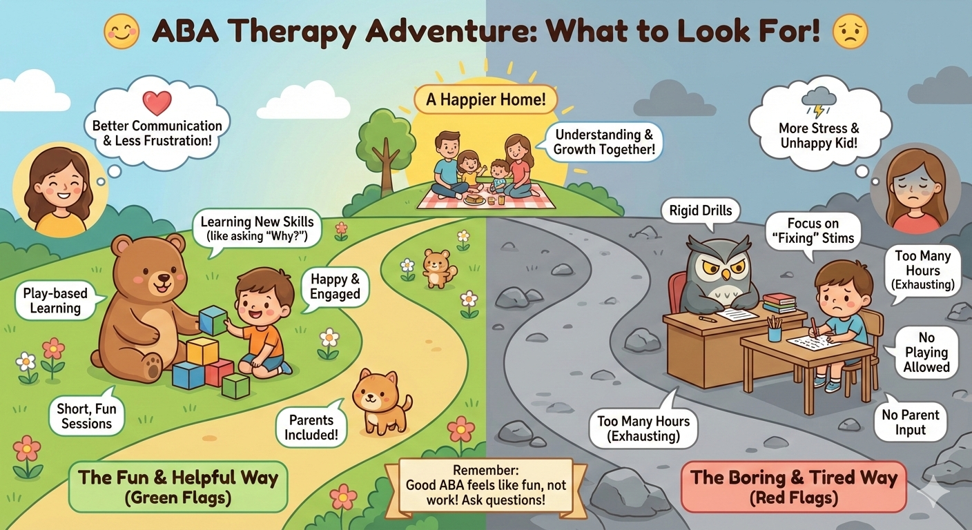 ABA Therapy Adventure infographic showing the fun and helpful way (green flags: play-based learning, happy engaged child, short fun sessions, parents included) versus the boring and tired way (red flags: rigid drills, too many hours, no playing allowed, no parent input)