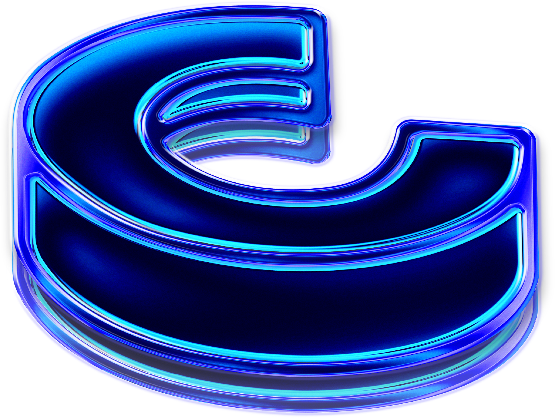 3D stylized blue glowing letter C with layered neon effect on transparent background.