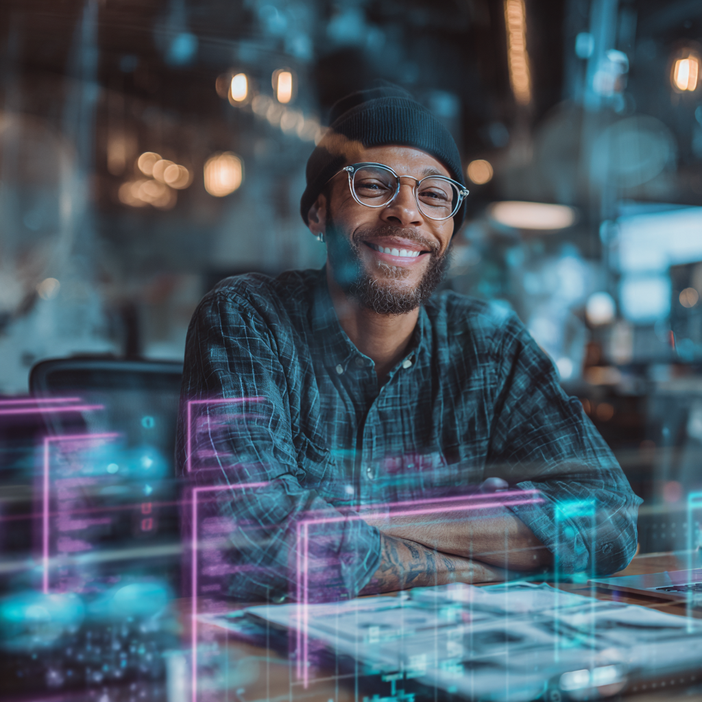 Smiling entrepreneur in modern office with digital financial dashboards overlaid, symbolizing business growth and automation.