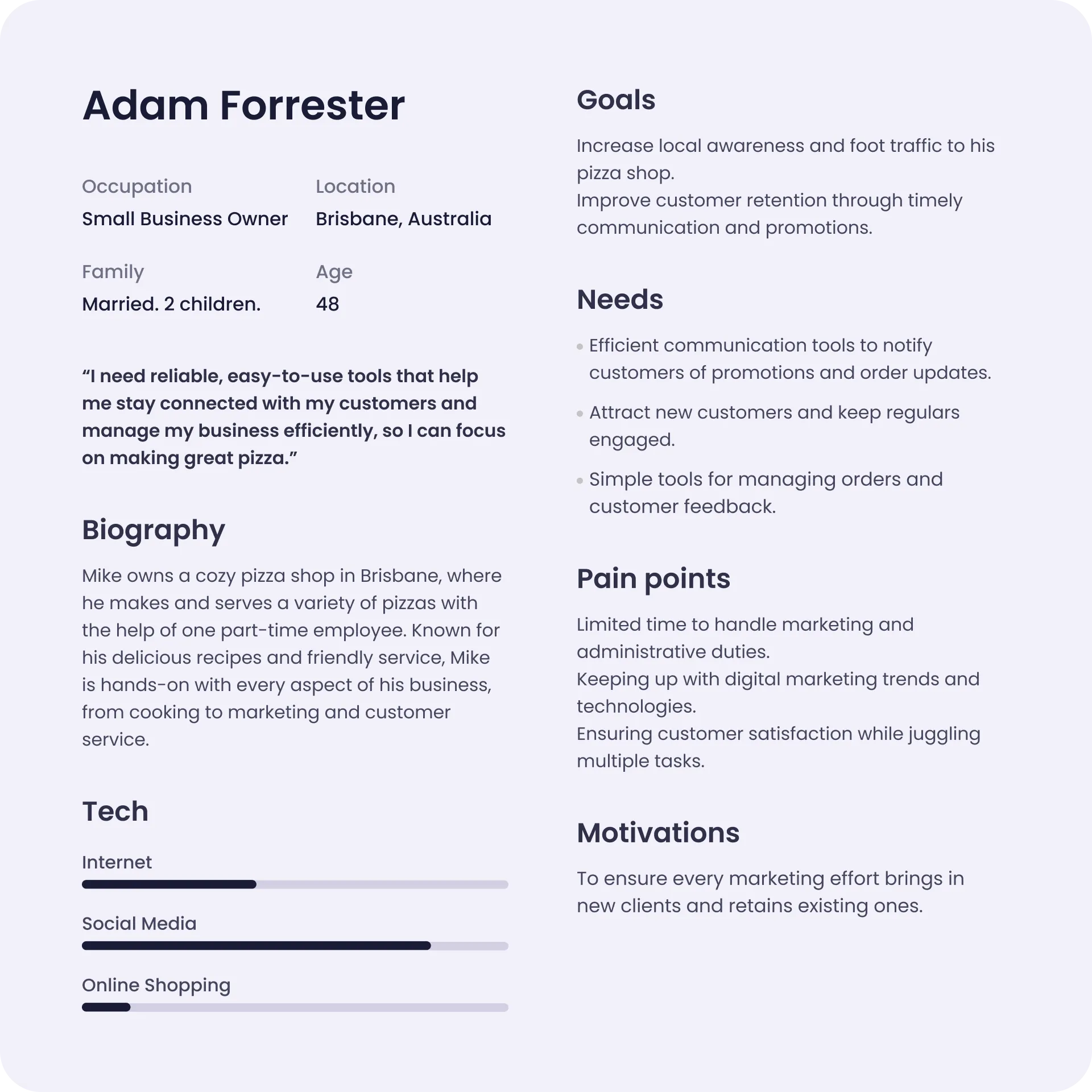 Profile of Adam Forrester, small business owner in Brisbane, detailing goals, needs, pain points, and tech usage.