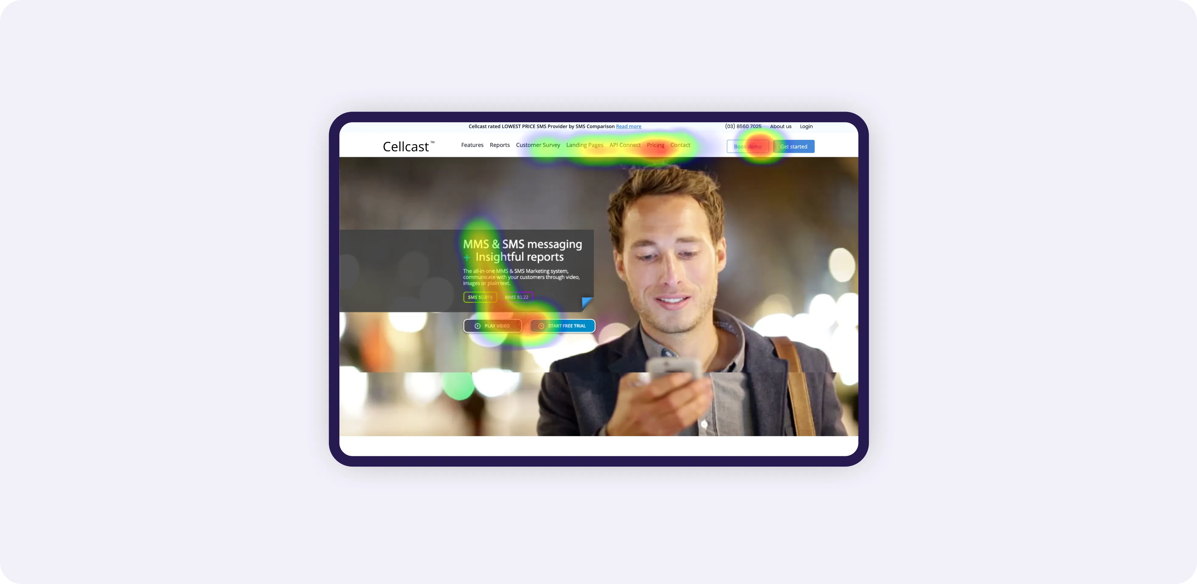 Heatmap showing user attention on navigation links, buttons, and messaging text on a website homepage.