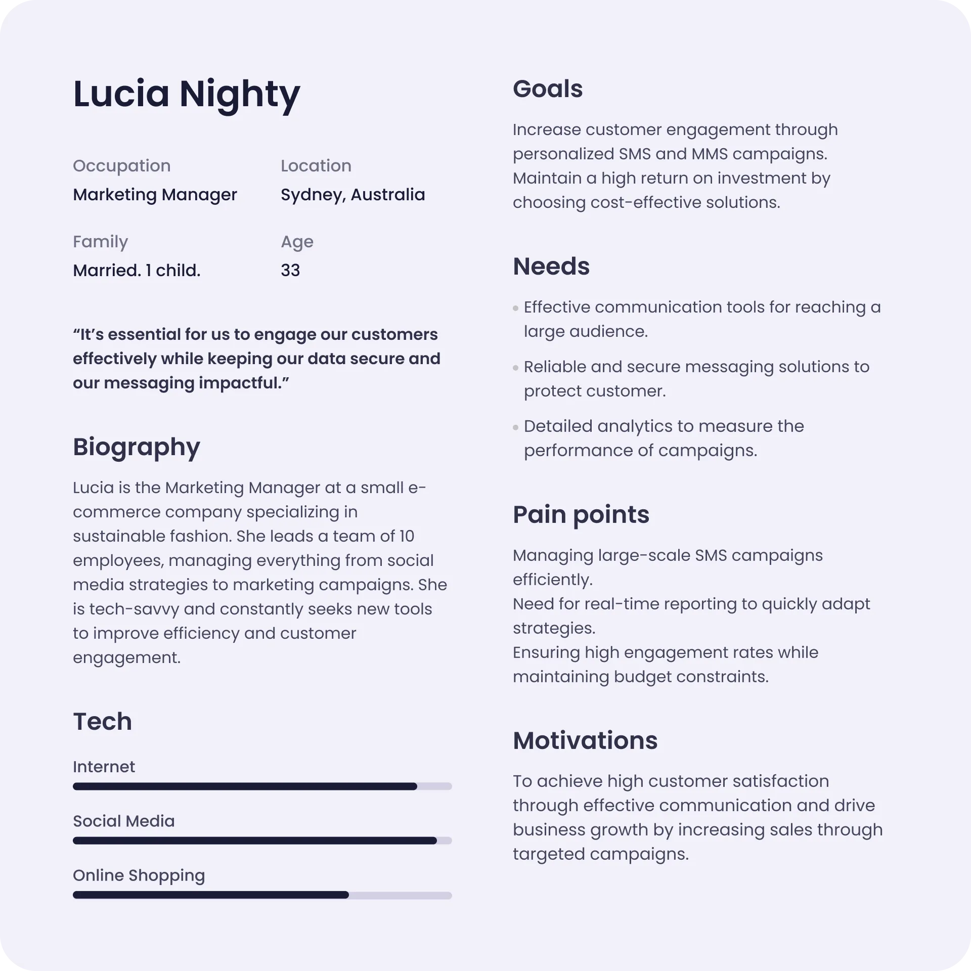 Profile of Lucia Nighty, marketing manager in Sydney, with goals, needs, pain points, motivations, and tech skills.