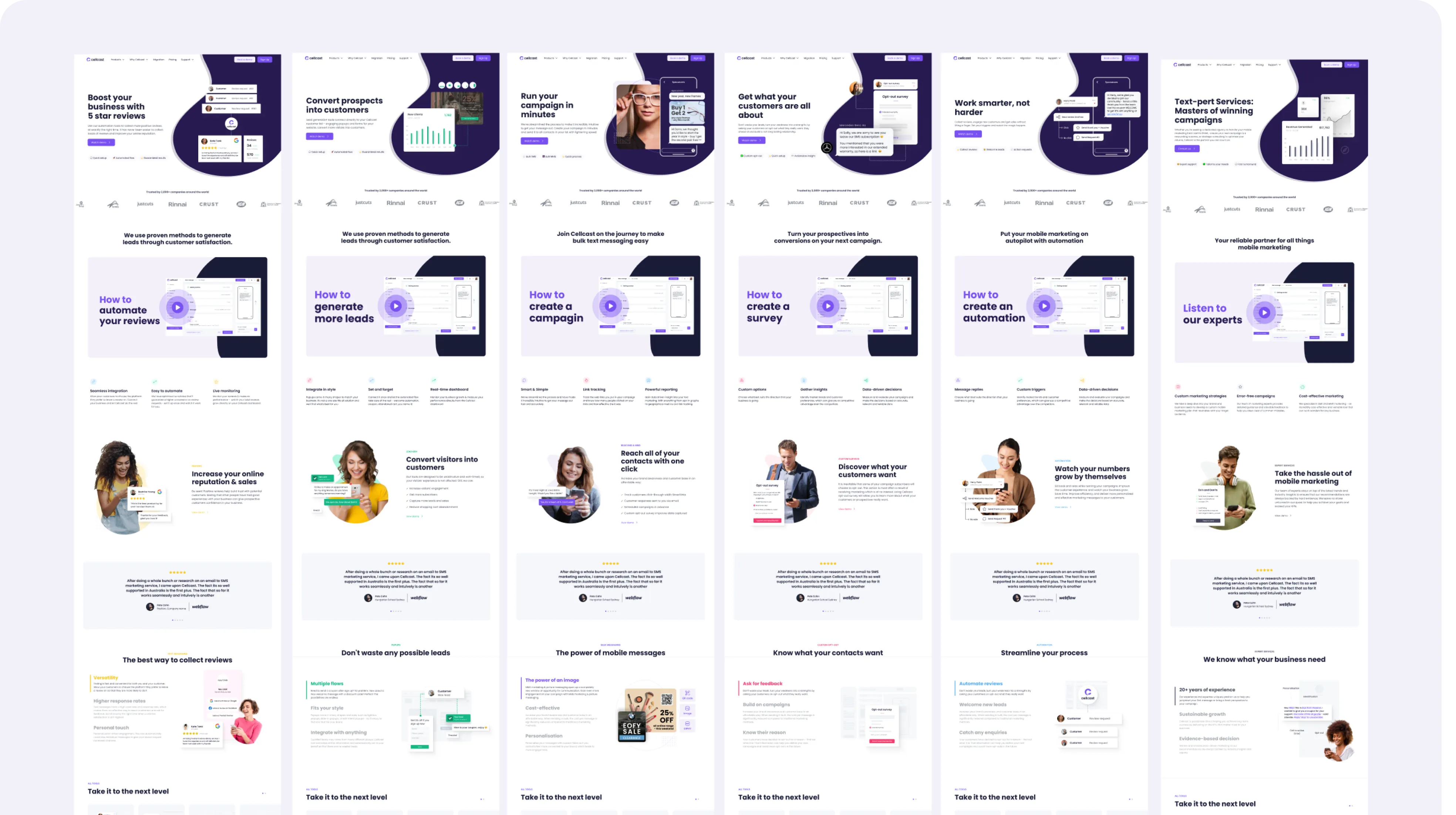 Website design wireframe and final page layouts showing business reviews and automation features.