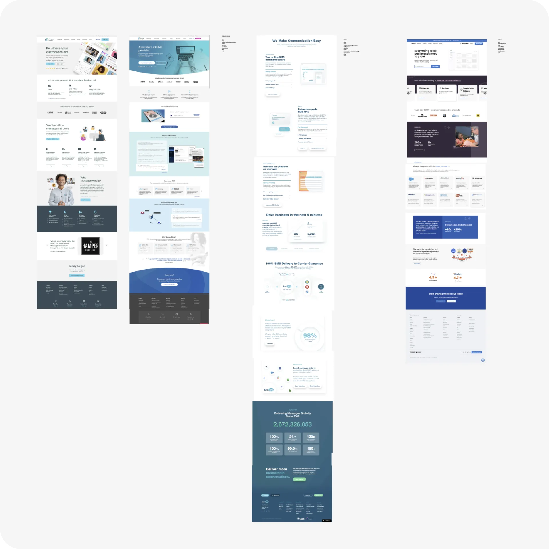 Comparative layout of four website homepages for SMS and local business services side by side.