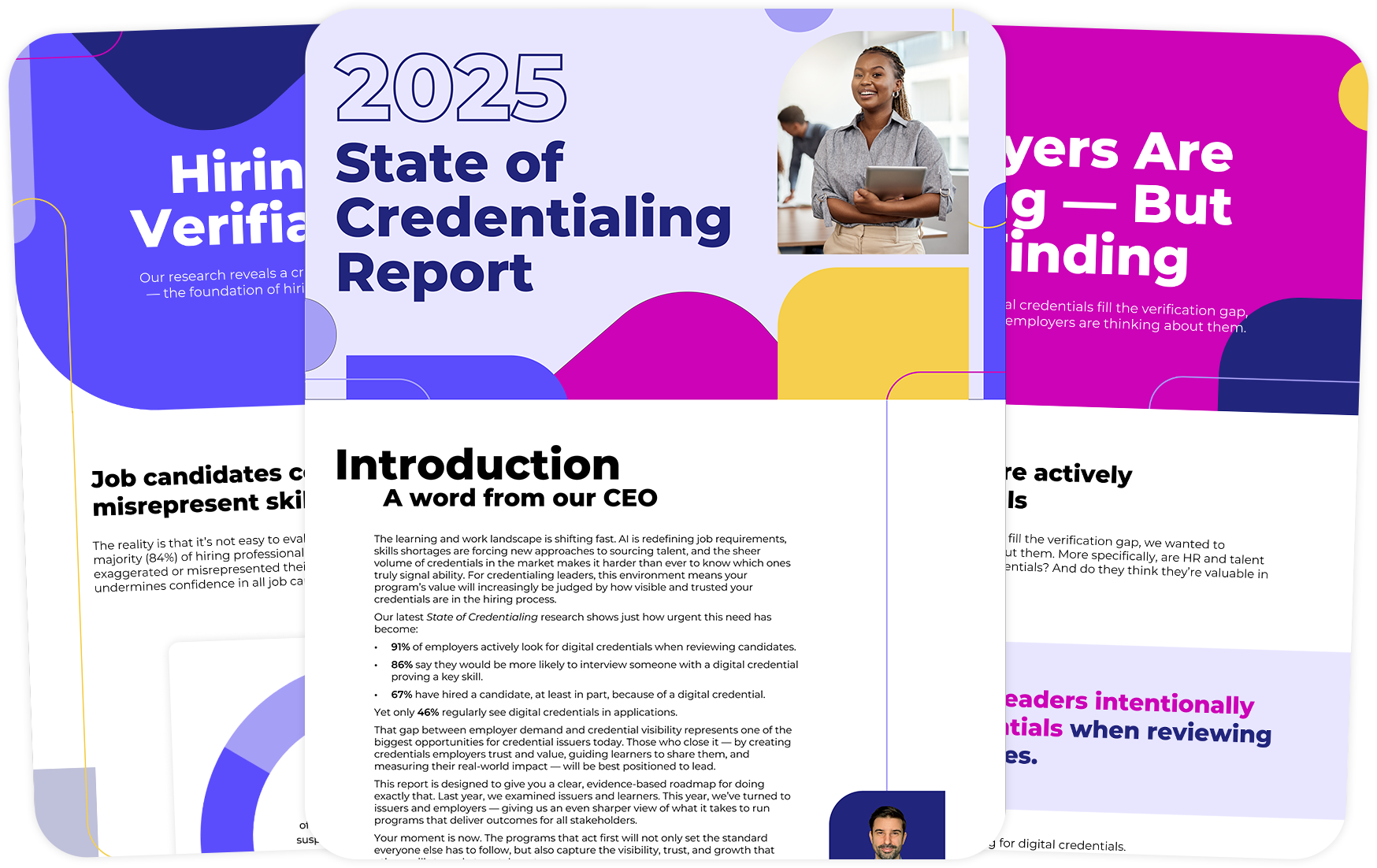 Cover of the 2025 State of Credentialing Report featuring a smiling woman holding a tablet, with introductory text from the CEO about digital credentials in hiring.
