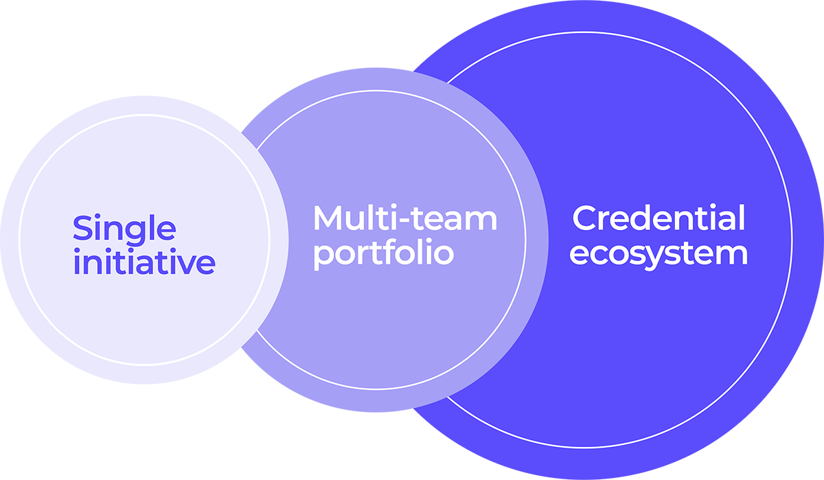 Three overlapping circles labeled Single initiative, Multi-team portfolio, and Credential ecosystem from left to right.