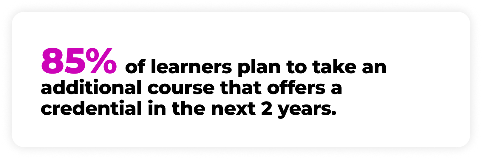 Statistic stating that 85% of learners plan to take an additional course that offers a credential in the next 2 years.