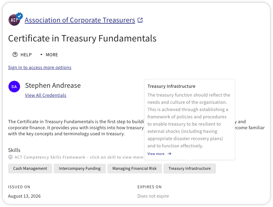 Example of a digital credential with skill tags linked to a recognized competency framework, including built-in definitions