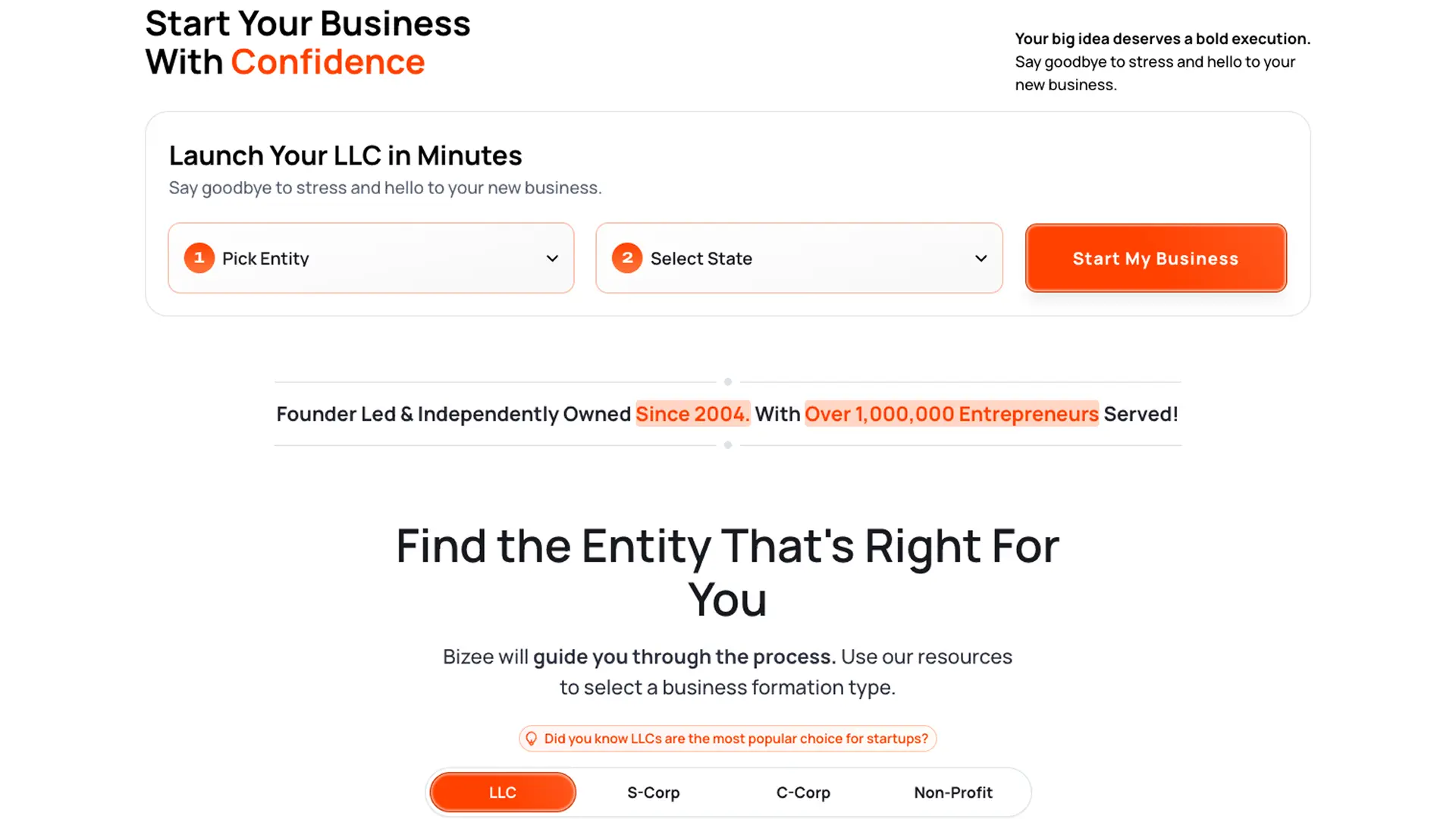 Bizee dashboard interface showing the LLC formation order flow and filing status tracker used to file The Modern Freelancer as a Wyoming LLC"