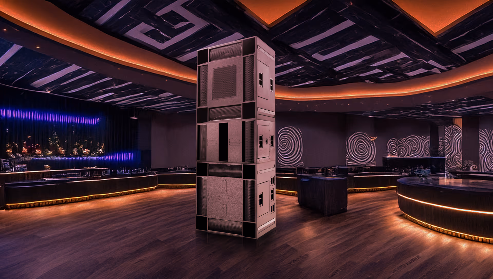 Stackatoa Tall stack of large black speakers in a dimly lit modern room with wooden floors and artistic spiral wall decorations.