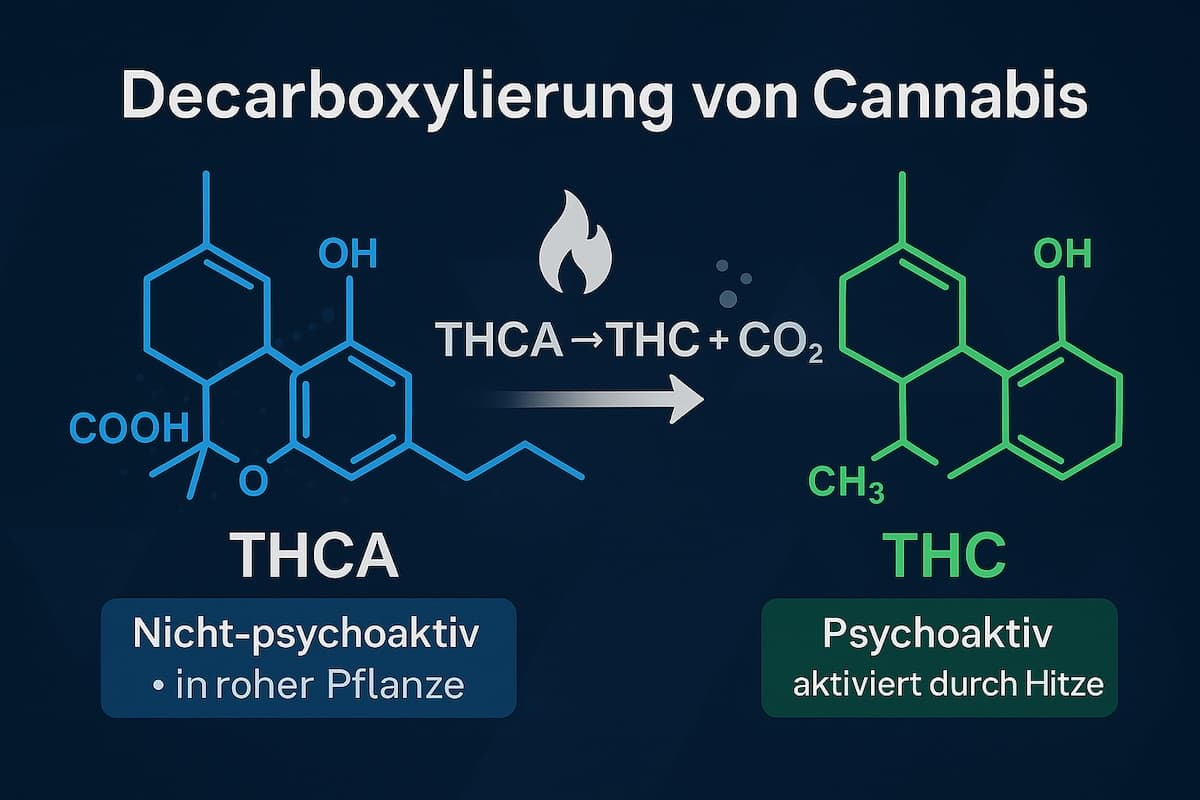 Grafische Darstellung der Cannabis-Decarboxylierung: Umwandlung von THCA in THC durch Hitze, illustriert mit Molekülstrukturen, CO₂-Abspaltung und erklärenden Beschriftungen.