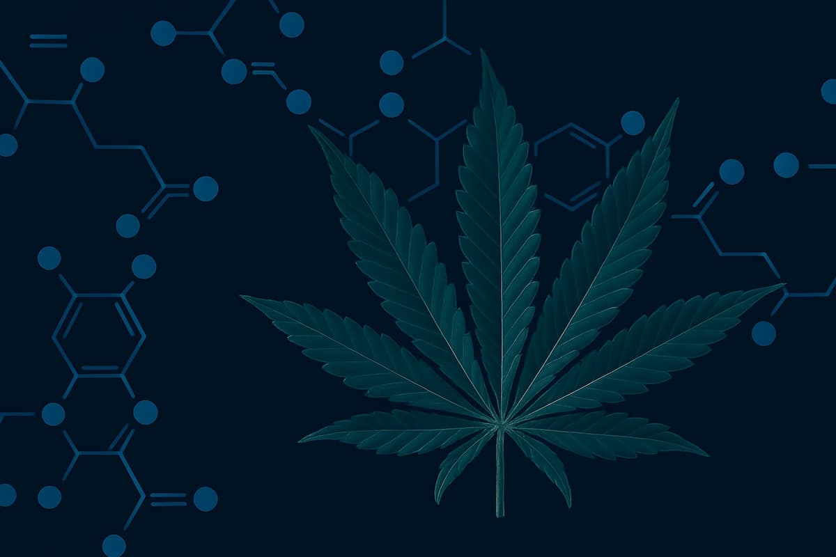 Illustration einer Cannabisblatt-Grafik auf dunkelblauem Hintergrund mit chemischen Strukturformeln – visualisiert das Thema Cannabinoide in moderner, wissenschaftlicher Ästhetik.