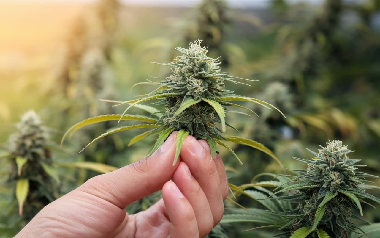 Hand hält Cannabisblüte mit Fürsorge