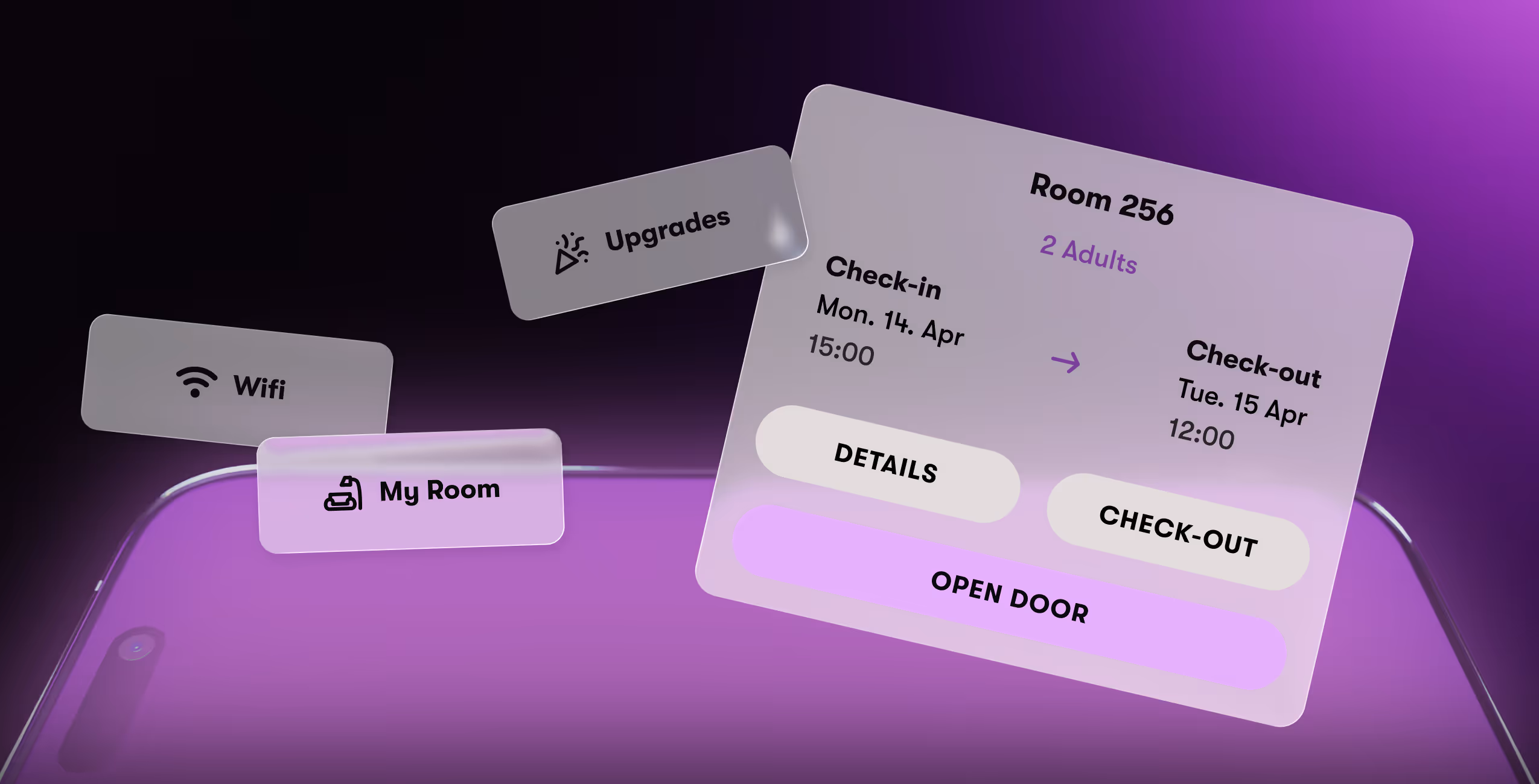 Smartphone zeigt digitale Buchungsdetails für Zimmer 256 mit Check-in, Check-out und Türöffnung.