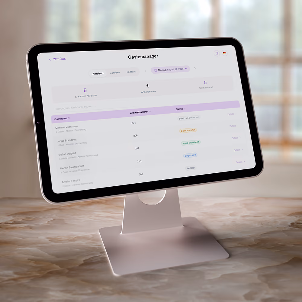 Ein schwarzes Tablet auf einem silbernen Ständer zeigt eine geöffnete Gästemanager-App mit einer Liste von Gästen, ihren Zimmernummern und Statusangaben wie 'Daten ausgefüllt' und 'Eingecheckt' auf einem hellen Bildschirm, im Hintergrund ein verschwommenes Fenster.