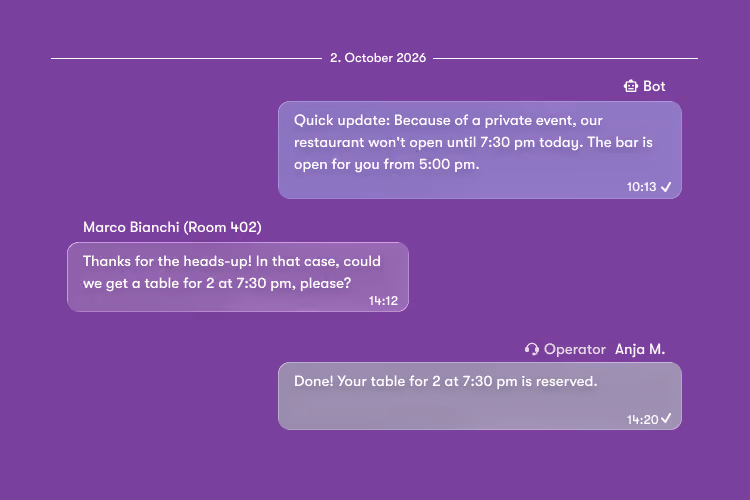 Chat conversation on October 2, 2026, showing a bot informing that a restaurant will open at 7:30 pm due to a private event, with the bar open from 5:00 pm. Marco Bianchi (Room 402) asks for a table for two at 7:30 pm, and an operator named Anja M. confirms the reservation.