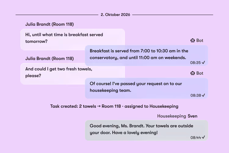 Chat conversation dated 2. Oktober 2026, where Julia Brandt from Room 118 asks a bot about breakfast serving times and requests two fresh towels. The bot replies that breakfast is served from 7:00 to 10:30 am in the conservatory, until 11:00 am on weekends, and confirms the towel request was passed to housekeeping. Later, Housekeeping Sven informs Julia that her towels are outside her door and wishes her a lovely evening.