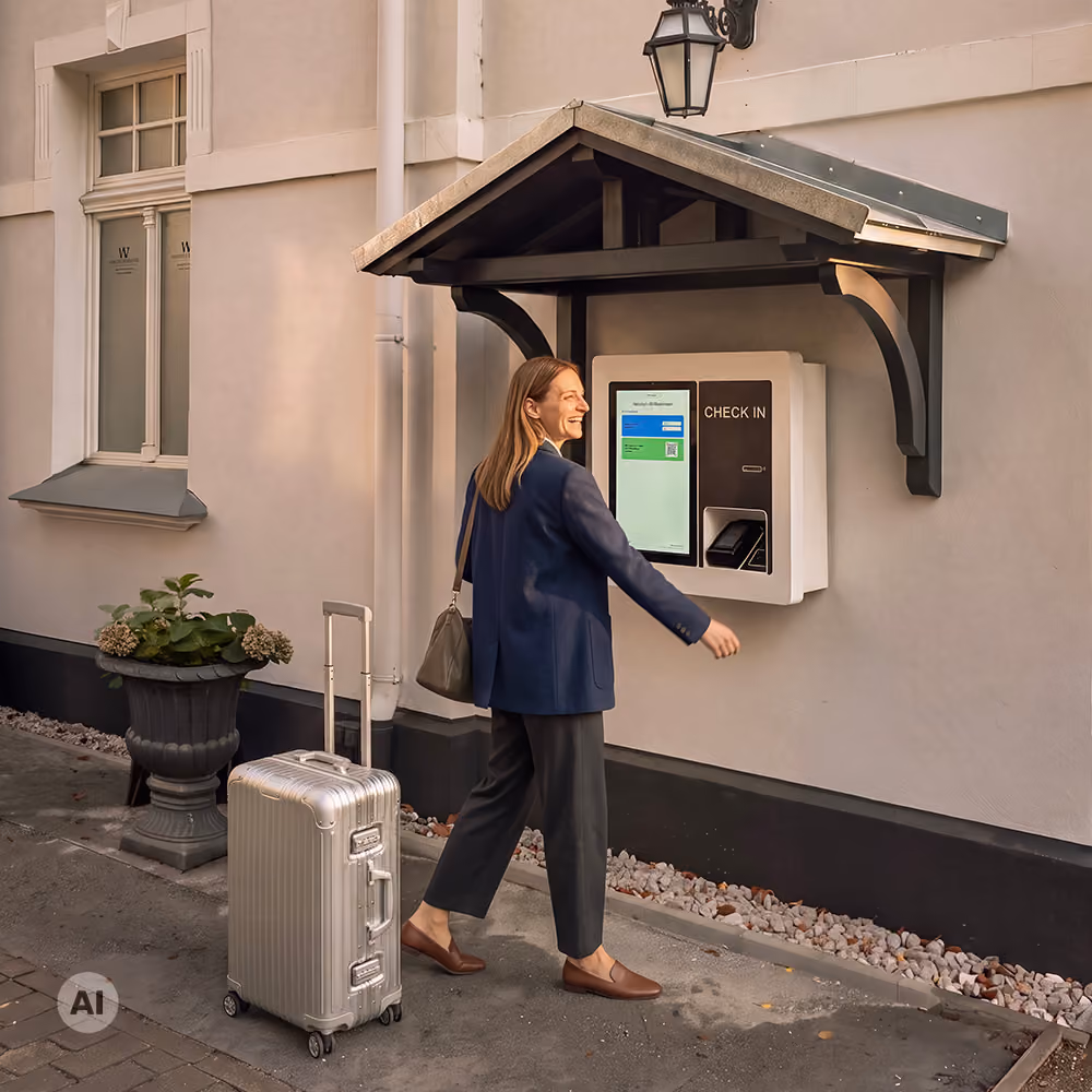 Eine Frau mit dunkelblauem Blazer, schwarzer Hose und braunen Schuhen checkt an einem außen an der Wand angebrachten Check-in-Kiosk ein, neben ihr steht ein silberner Rollkoffer.