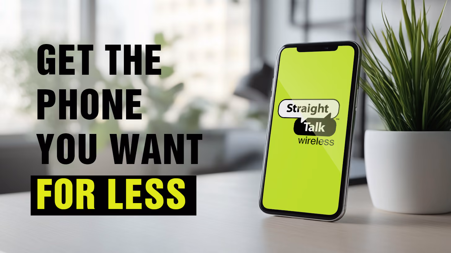 a mobile phone standing on a table, with Straight Talk logo on the screen