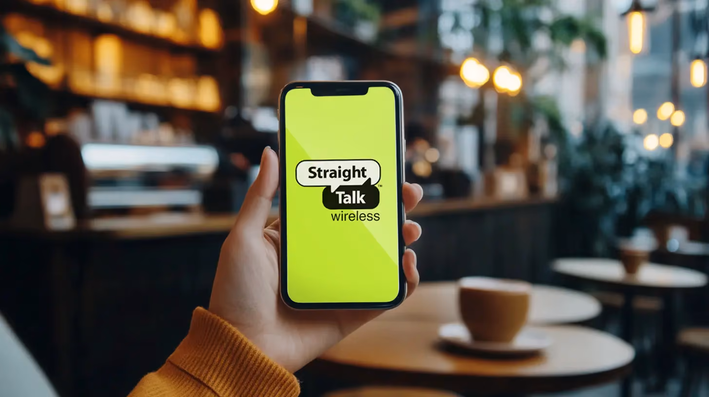 Hand holding phone with Straight Talk logo on the screen