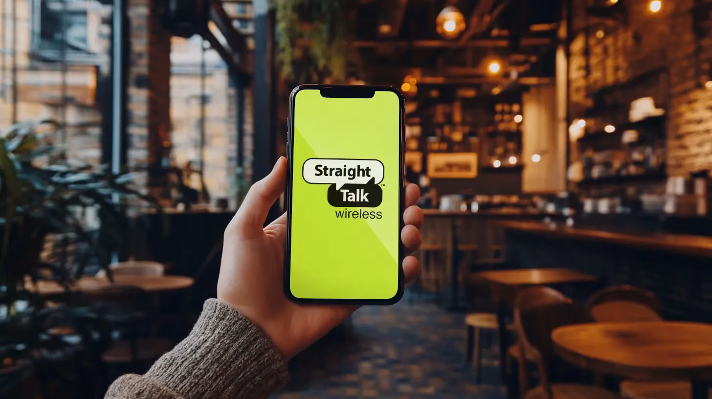 Hand holding phone with Straight Talk logo on the screen