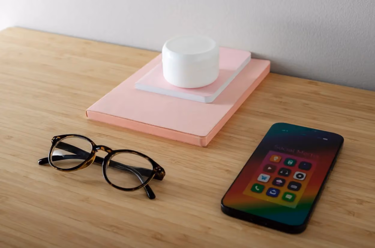 a phone and glasses on a table