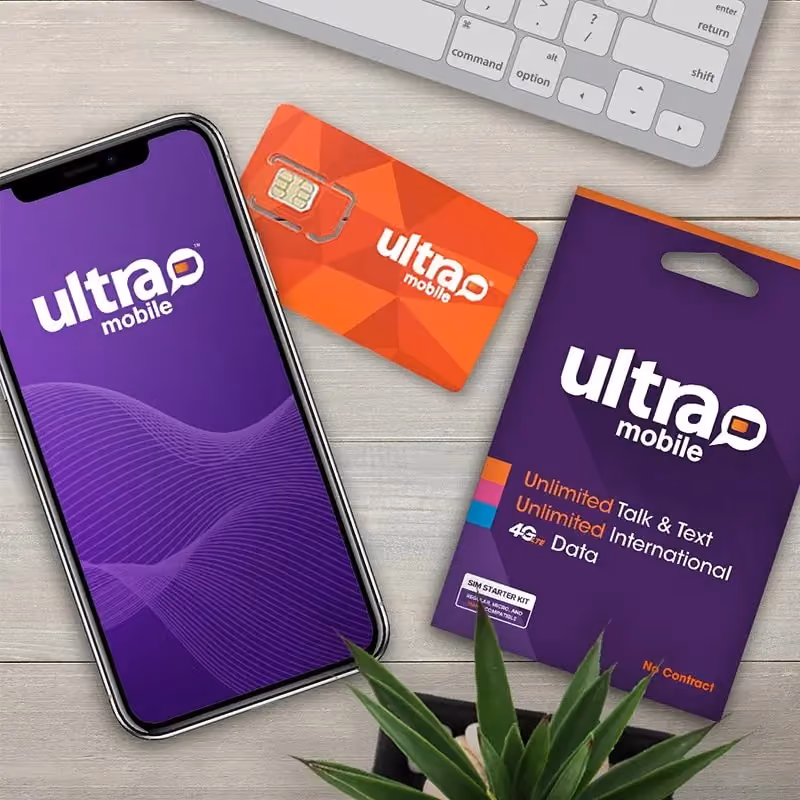 A phone and simcard with Ultra mobile logo
