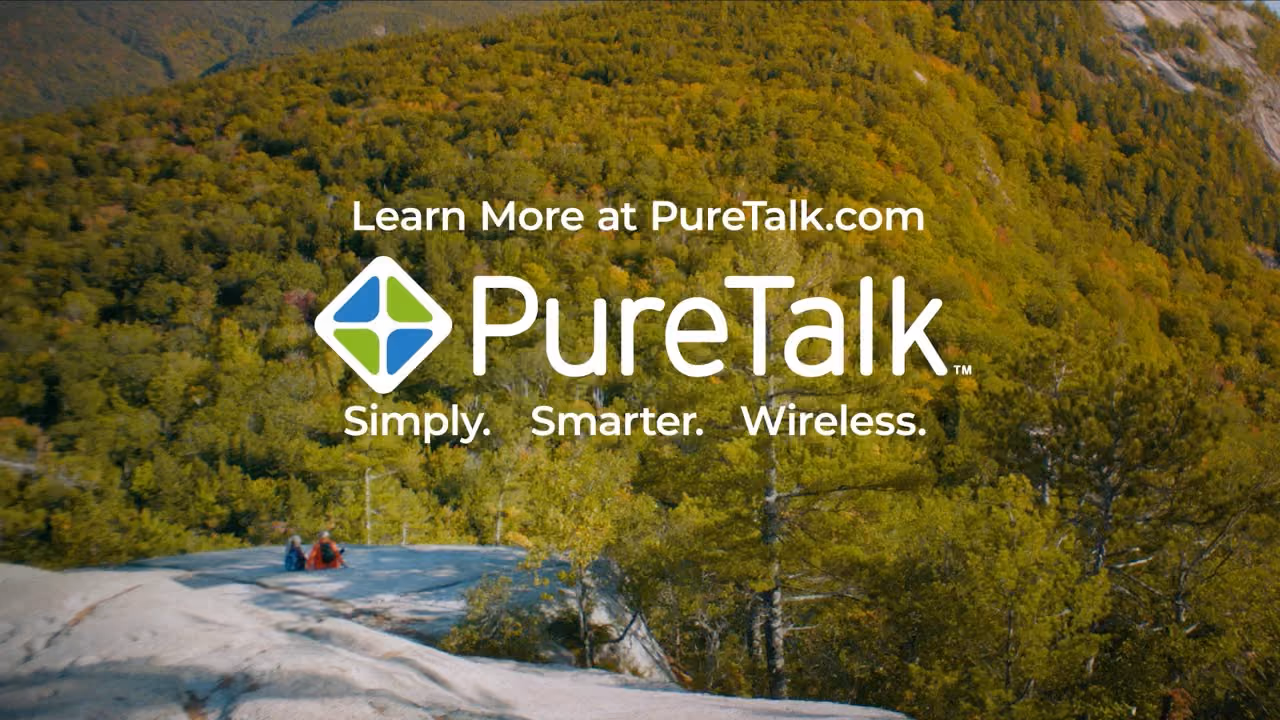 Logo of PureTalk with a call to action to learn more at puretalk.com, emphasizing connectivity and communication services.