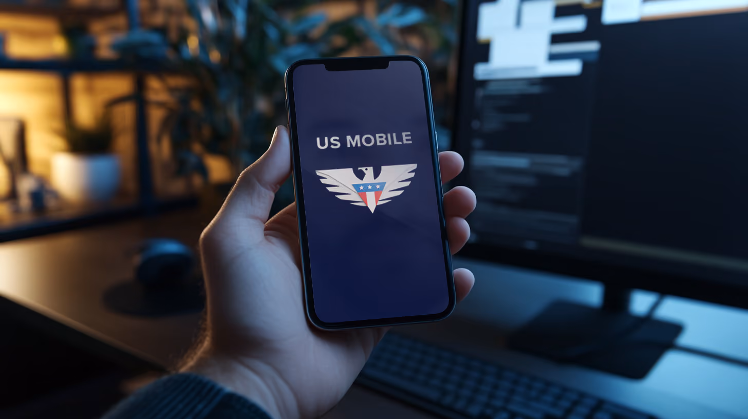 A person holding iphone with US Mobile Wireless logo on the screen