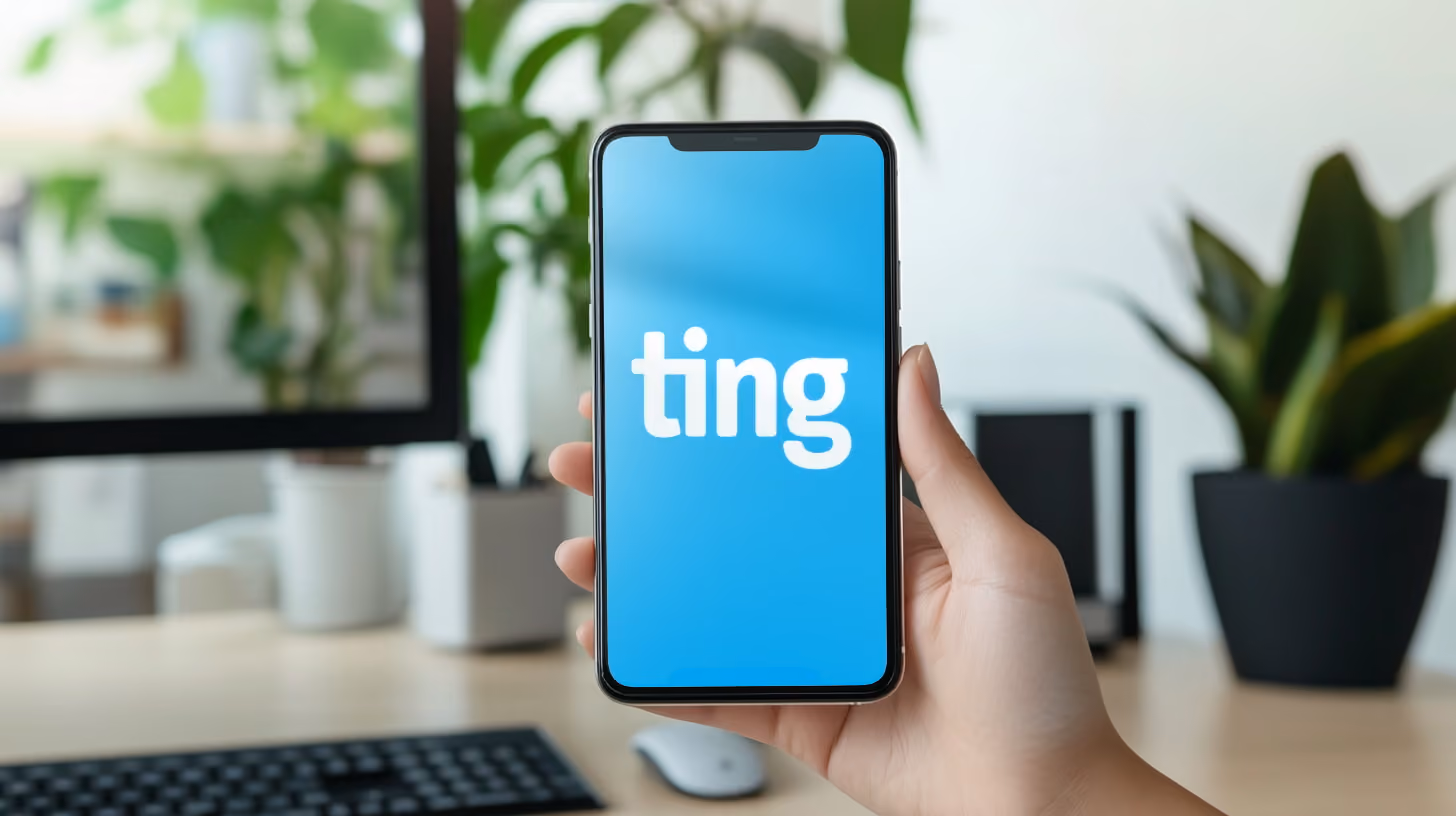 Hand holding an smartphone with Ting Mobile logo on the screen in their office