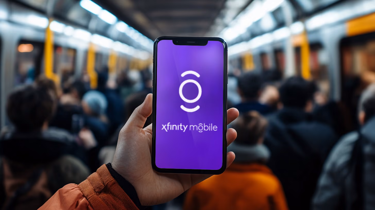 A person holding an smartphone with Xfinity Mobile logo on the screen in the train