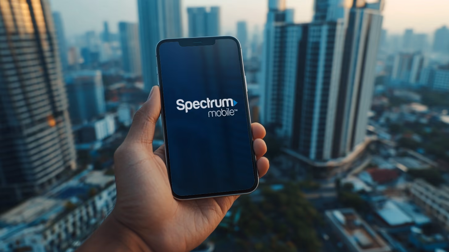 A person holding a smartphone with spectrum Mobile logo on the screen