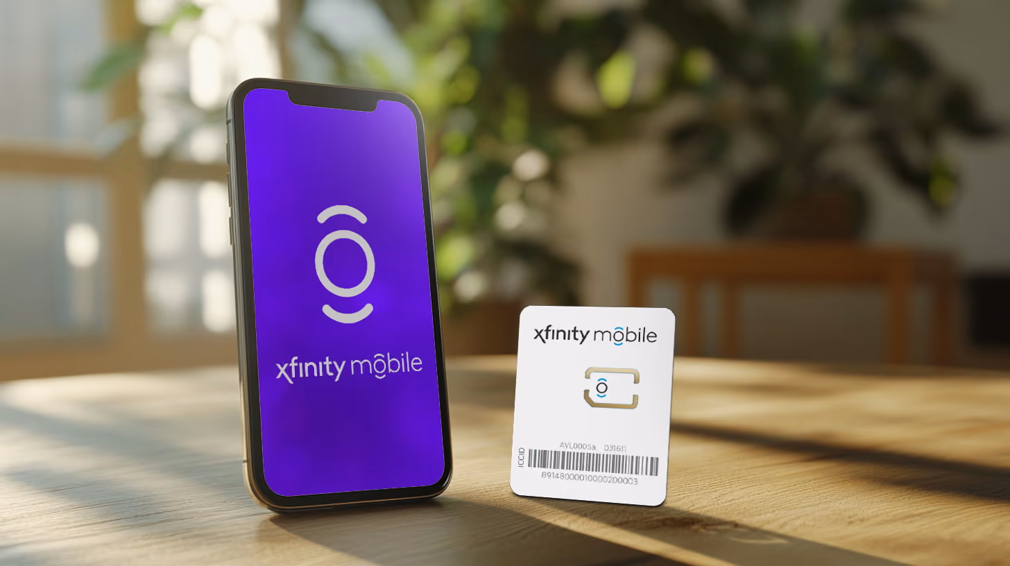 a mobile phone standing on a table, with xfinity Mobile logo on the screen