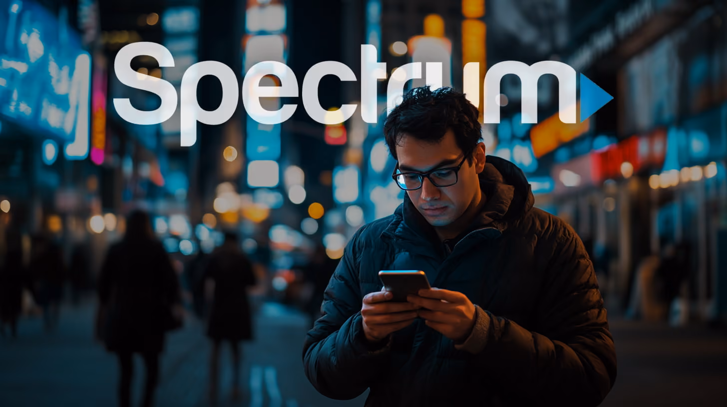Man walking while watching their phone. Spectrum Mobile logo on the background.
