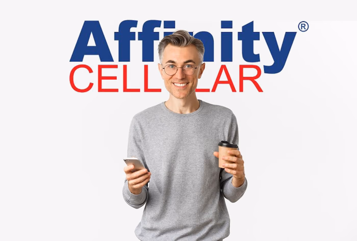 A person holding a phone and coffee cup with affinity cellular logo