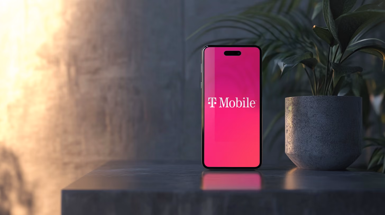 a mobile phone standing on a table, with T-Mobile Logo on the Screen