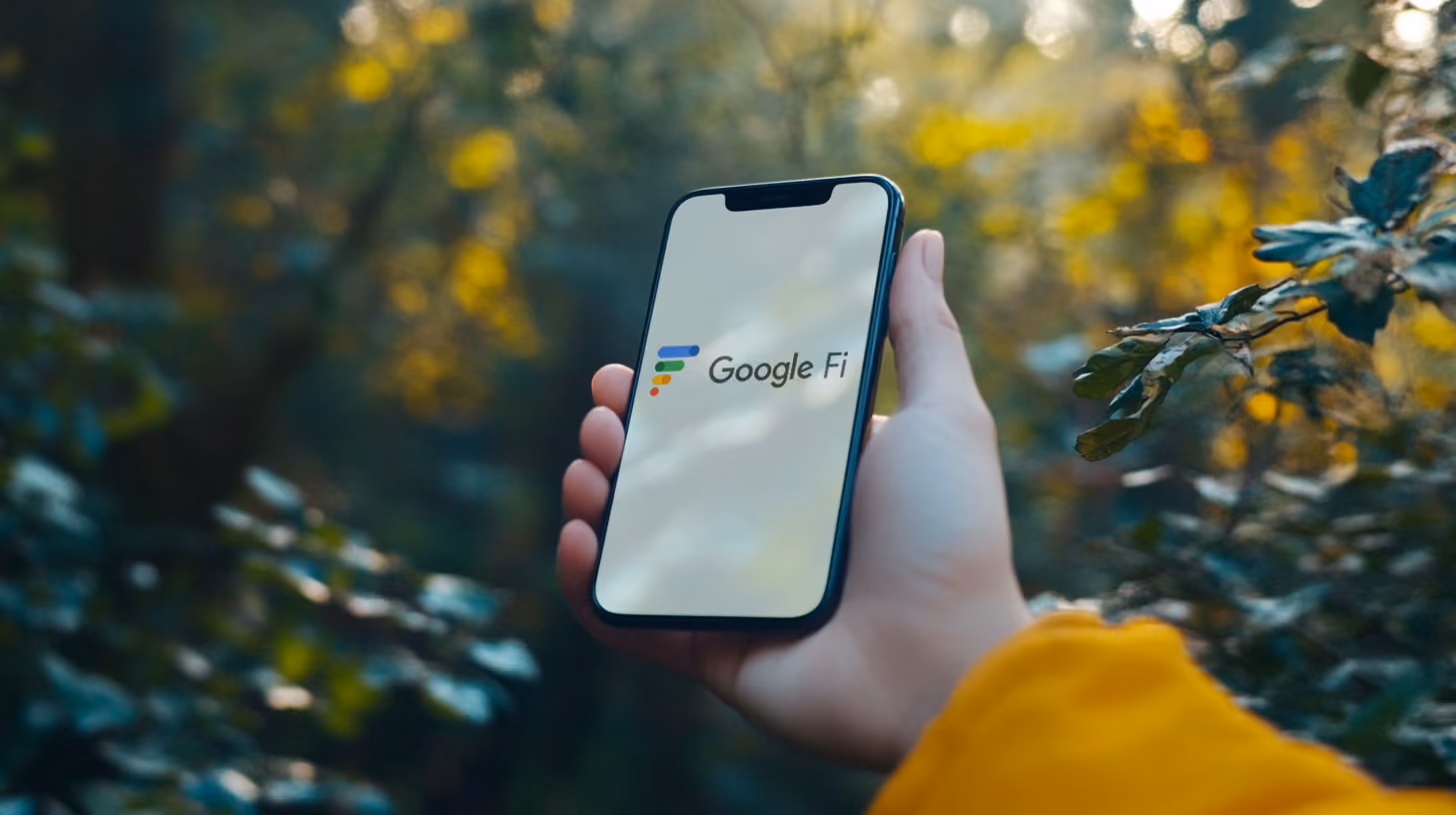 A person holding smartphone with goofle fi logo on the screen