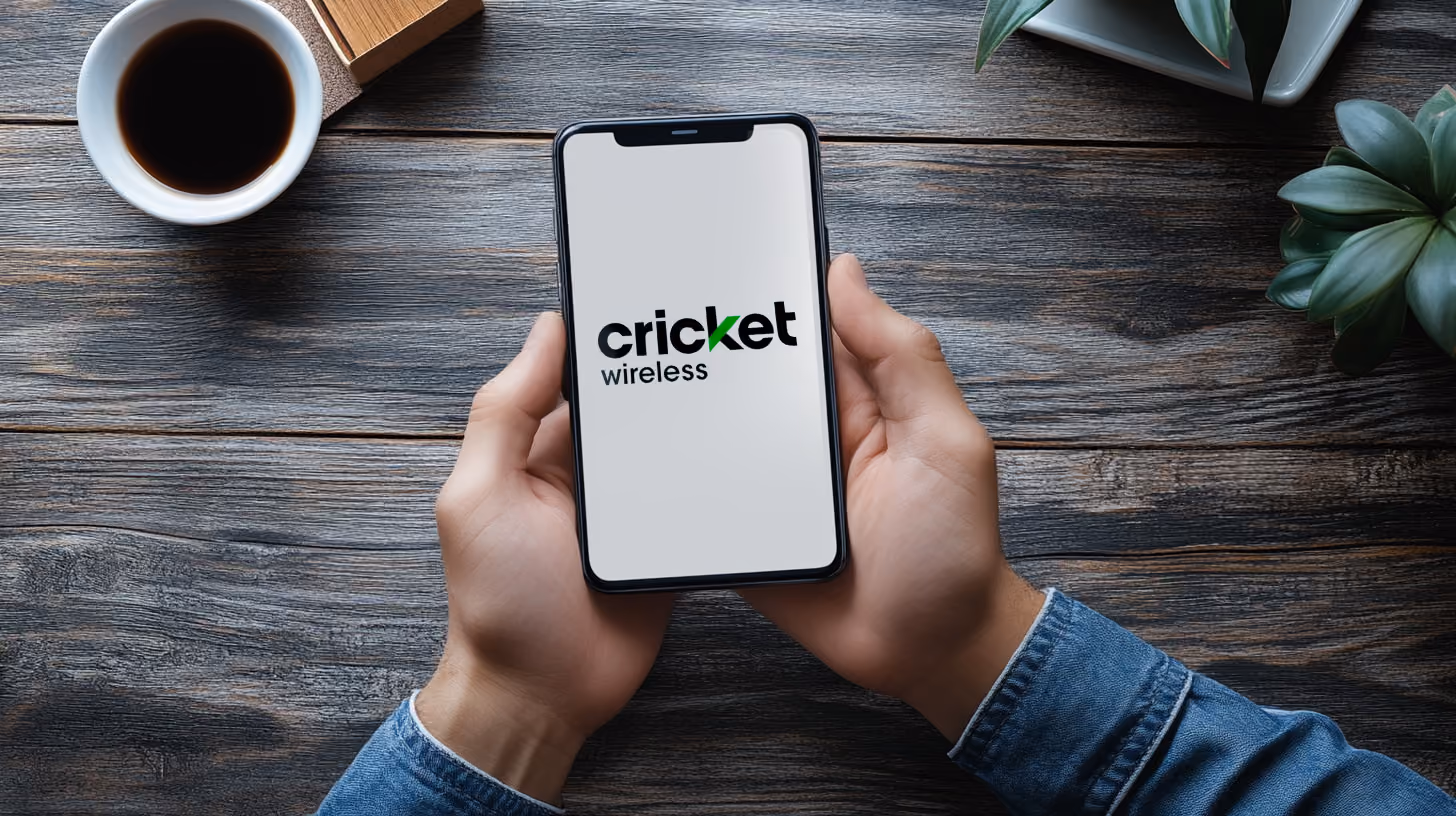 A person holding smartphone with cricket wireless logo on the screen