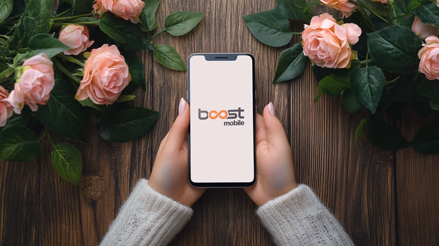 A person holding a smartphone with boost mobile logo on the screen