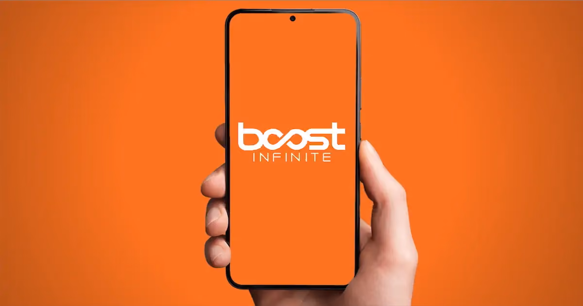 A person holding a phone with boost infinte logo on the screen