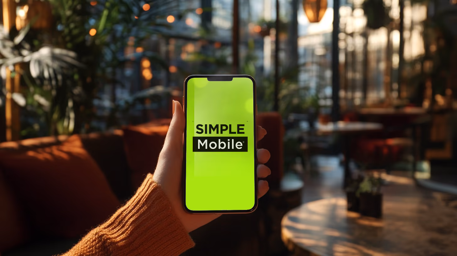 A person holding iphone with simple mobile logo on the screen