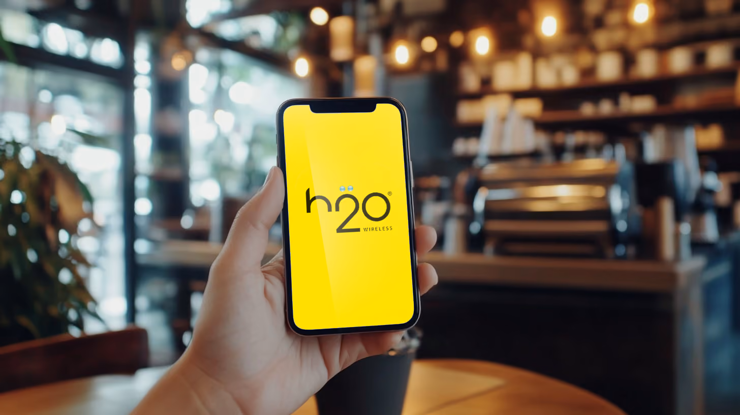A person holding iphone with H2O Wireless logo on the screen