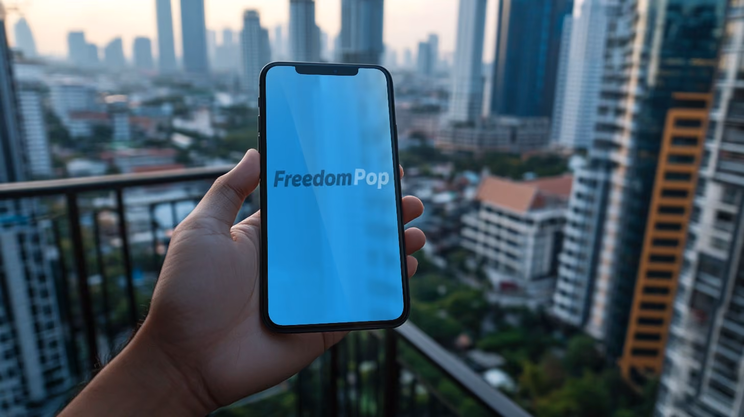 Hand holding phone with FreedomPop logo on the screen