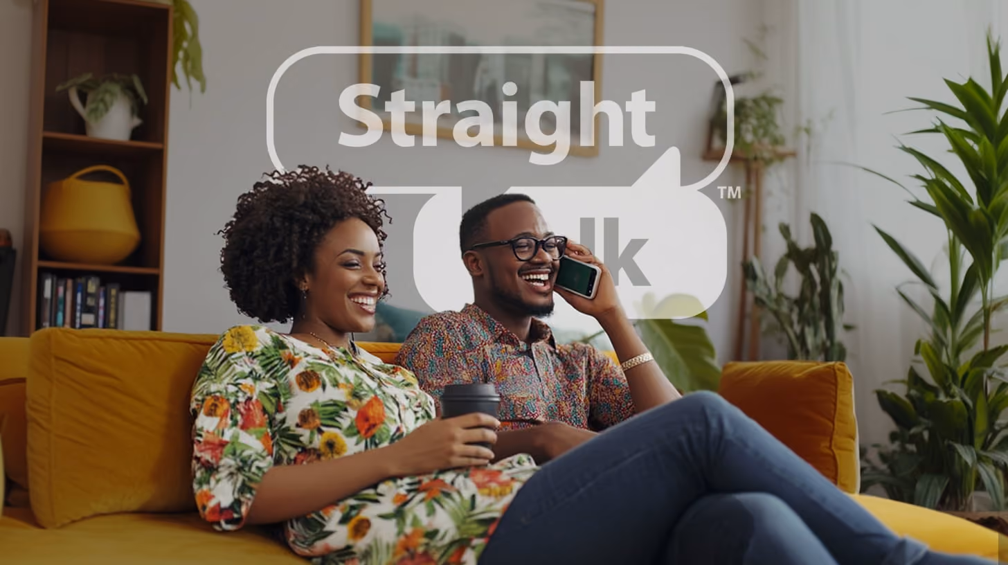 A happy couple sitting on their sofa, in their living room, calling someone with their the phone, green vibes