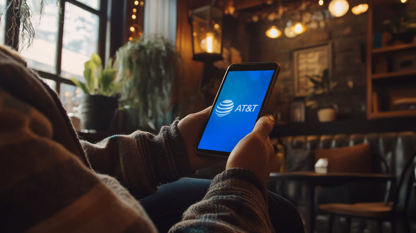 A person holding a phone with AT&T Mobile logo on the screen