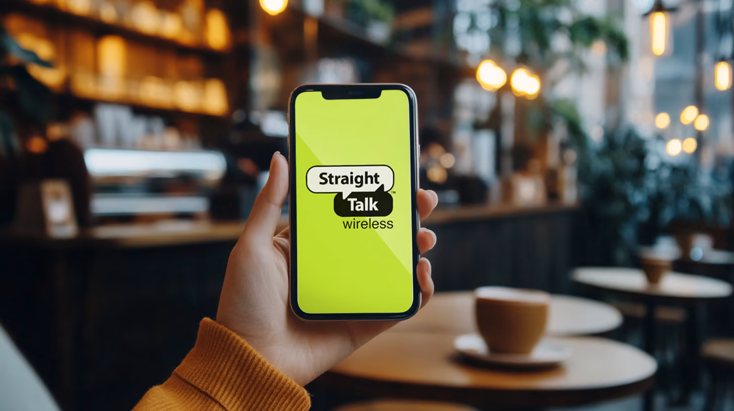 Hand holding phone with straight talk logo on the screen