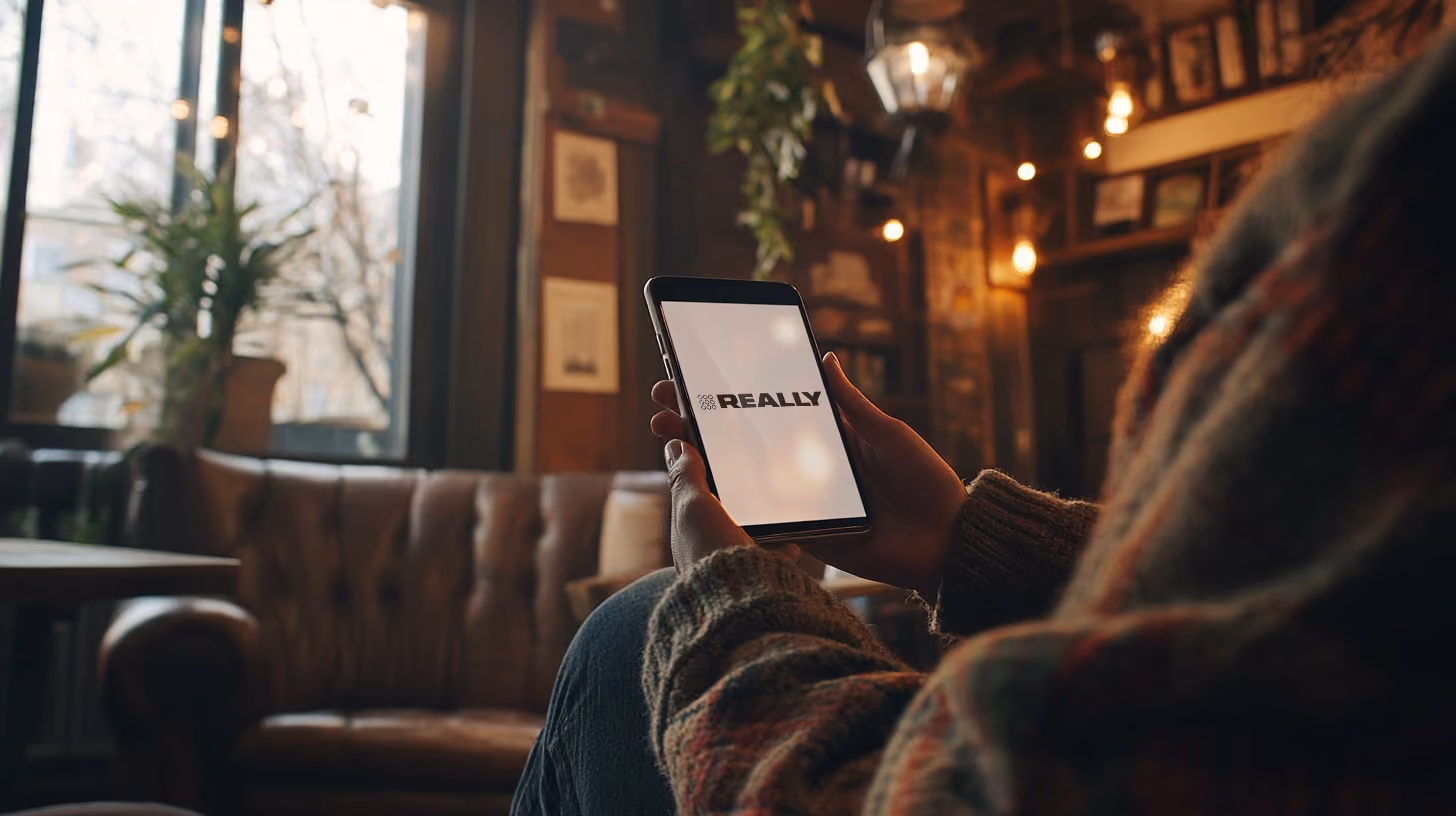 A person holding a smartphone, with REALLY Wireless logo on the screen