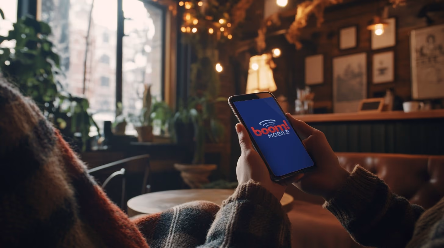 A person holding a smartphone with boom mobile logo on the screen