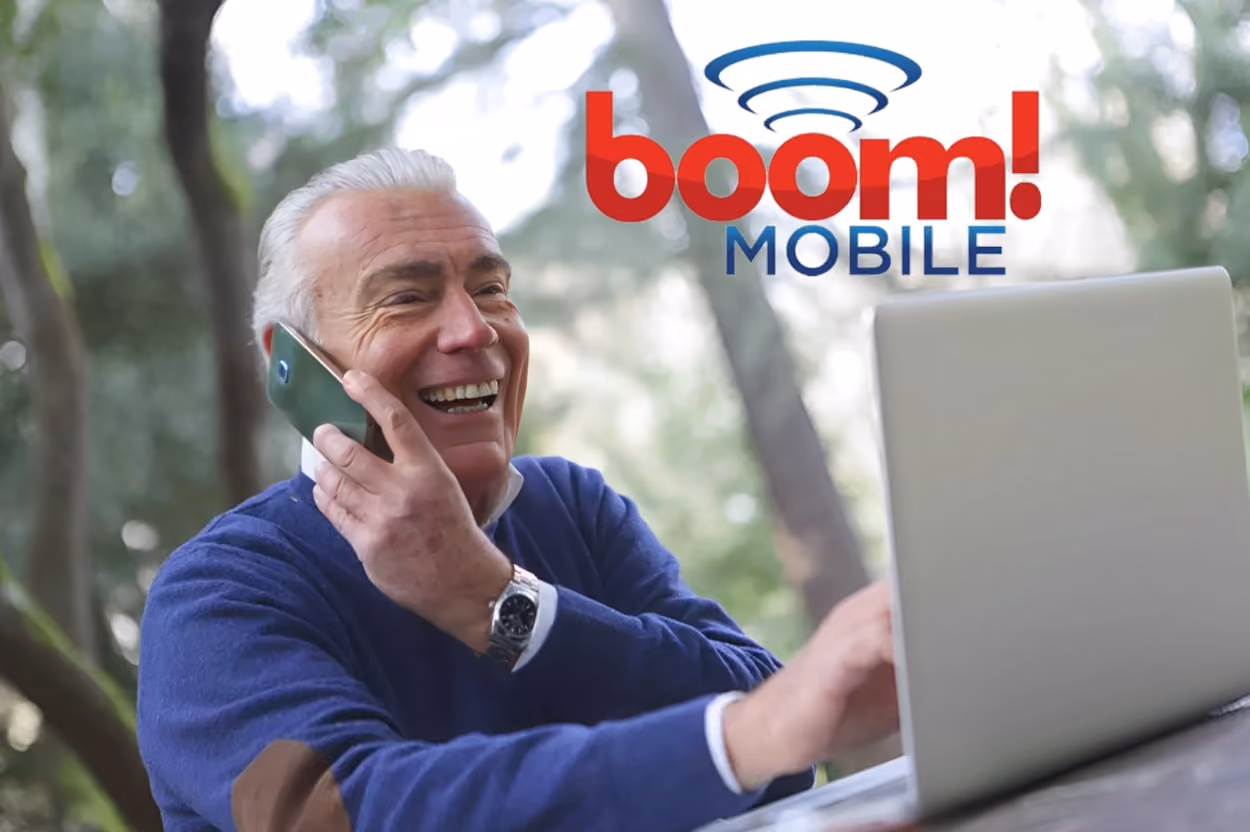 Image of Boom Mobile logo promoting free unlimited calls and texts, emphasizing connectivity and communication freedom.