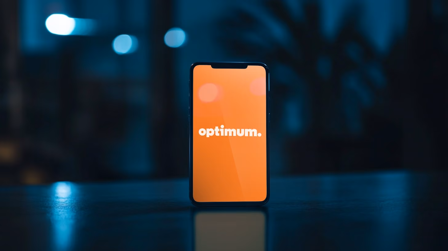 a mobile phone standing on a table, with Blank white Screen, with optimum mobile on the screen, dark blue vibes